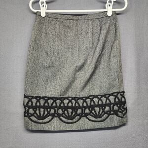 LOFT Petites 10P Gray Herringbone Pencil Skirt Black Embroidered Hem Side Zip